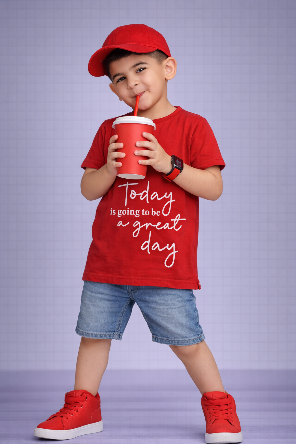 Kids Red Motivational T-Shirt – “Today is Going to Be a Great Day” Casual Wear