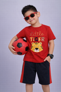 Kids Navy Blue Lion Graphic T-Shirt with Matching Rust Orange Shorts Set – Stylish Summer Outfit for Boys