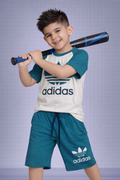 Kids Teal & White Adidas Style Summer Outfit – T-Shirt & Shorts Set with Sporty Look
