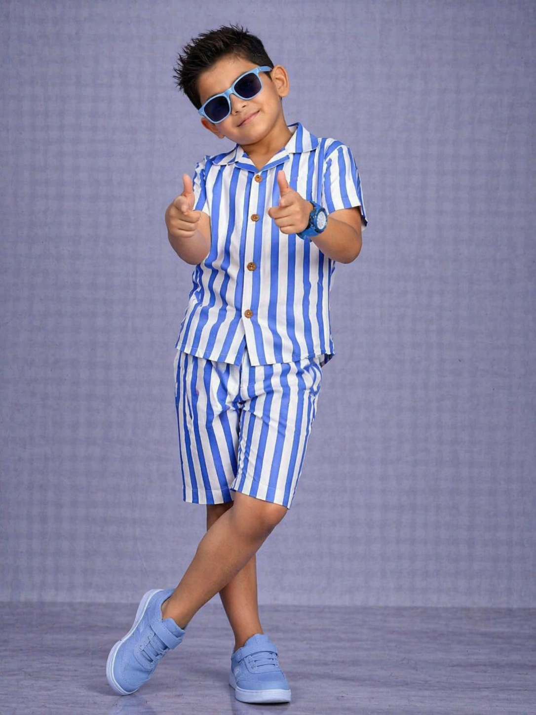 Kids Blue & White Striped Button-Down Shirt with Matching Striped Shorts Set