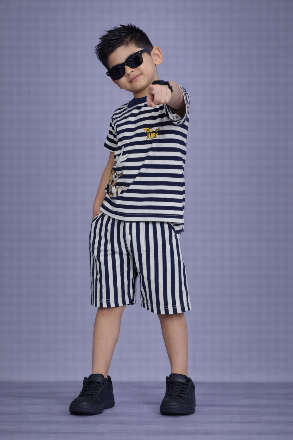 Kids Navy & White Striped T-Shirt with Matching Striped Shorts Set