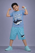 Kids Sky Blue Shark Graphic T-Shirt with Matching Blue Shorts Set