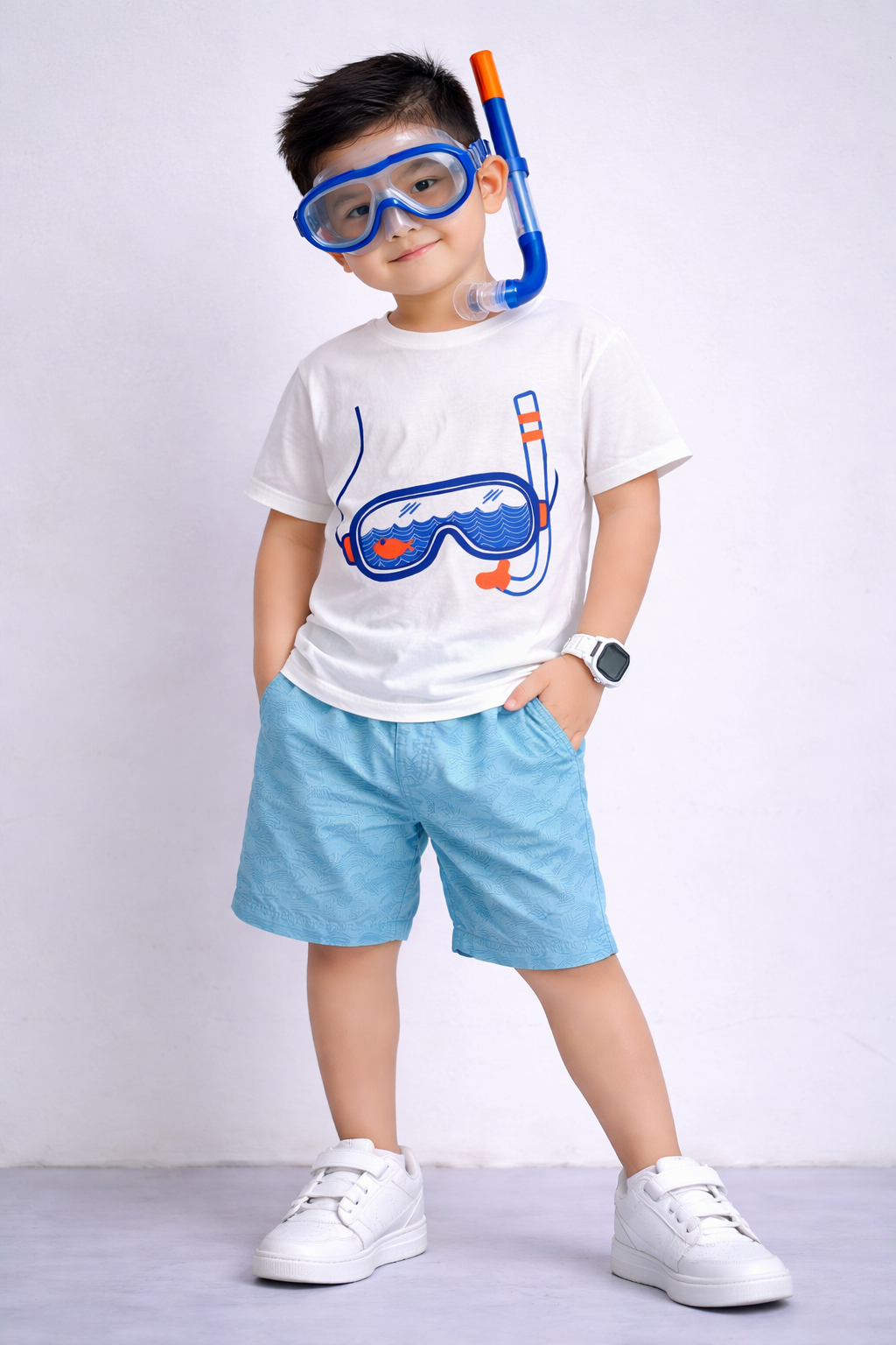 Kids White Graphic T-Shirt with Snorkel & Swim Goggles Print – Fun Summer Casual Tee for Boys