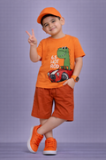 6.30pmKids Orange Graphic T-Shirt with Dinosaur & Car Print – Fun Casual Summer Tee for Boys